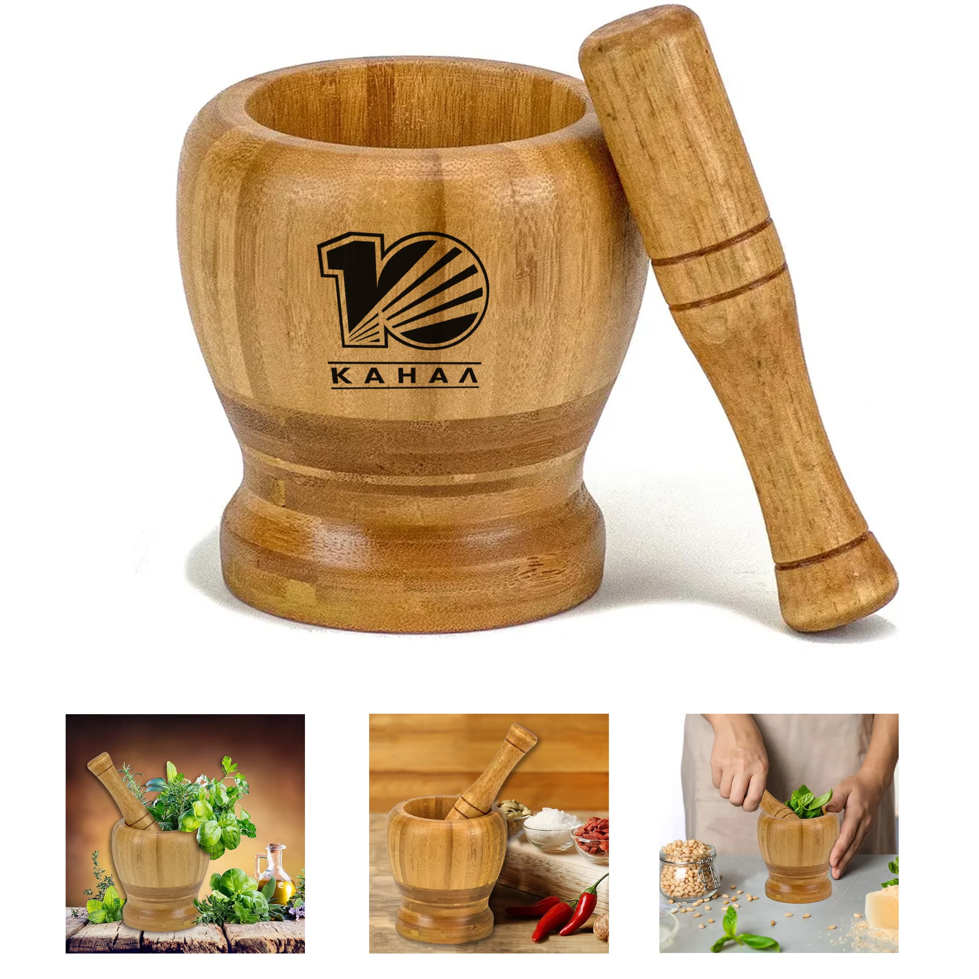 Custom Bamboo Mortar Pestle Set Crusher Mix Molcajete