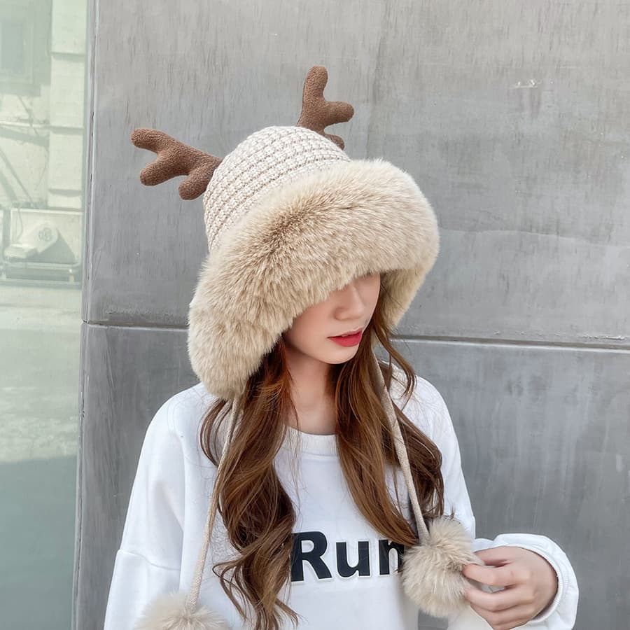 Women winter cover ear antler knit hat thumbnail 8