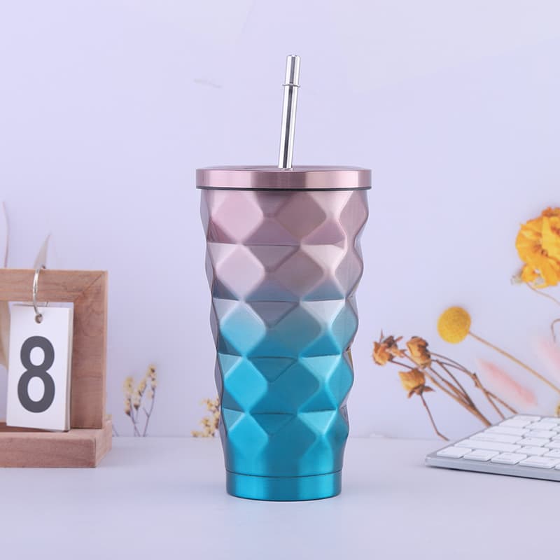 17 oz Stainless Steel Diamond Vacuum Cup with Lid Straw thumbnail 8