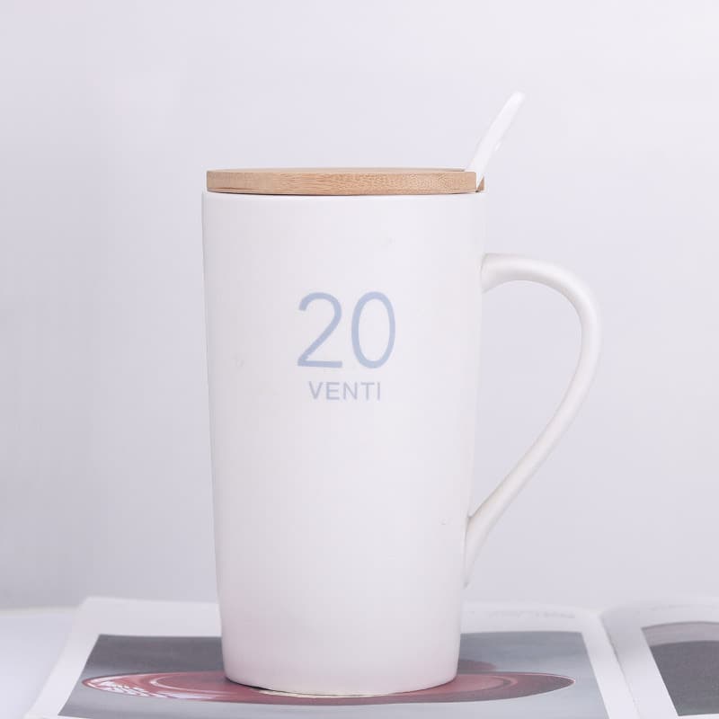 Custome ceramic office coffee mug with wood lid thumbnail 2