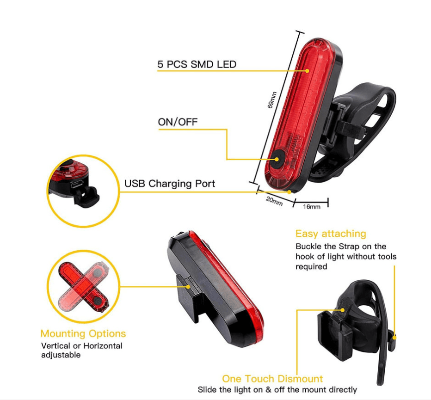 USB Rechargeable Bike Light Kit Taillight and Headlight thumbnail 4
