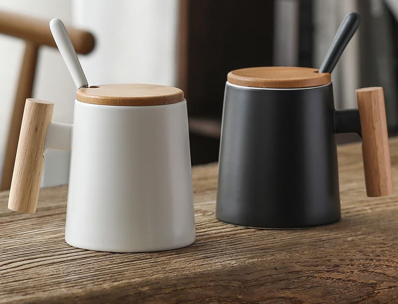 14 oz Ceramic Mug Cup With Wooden Handle thumbnail 2