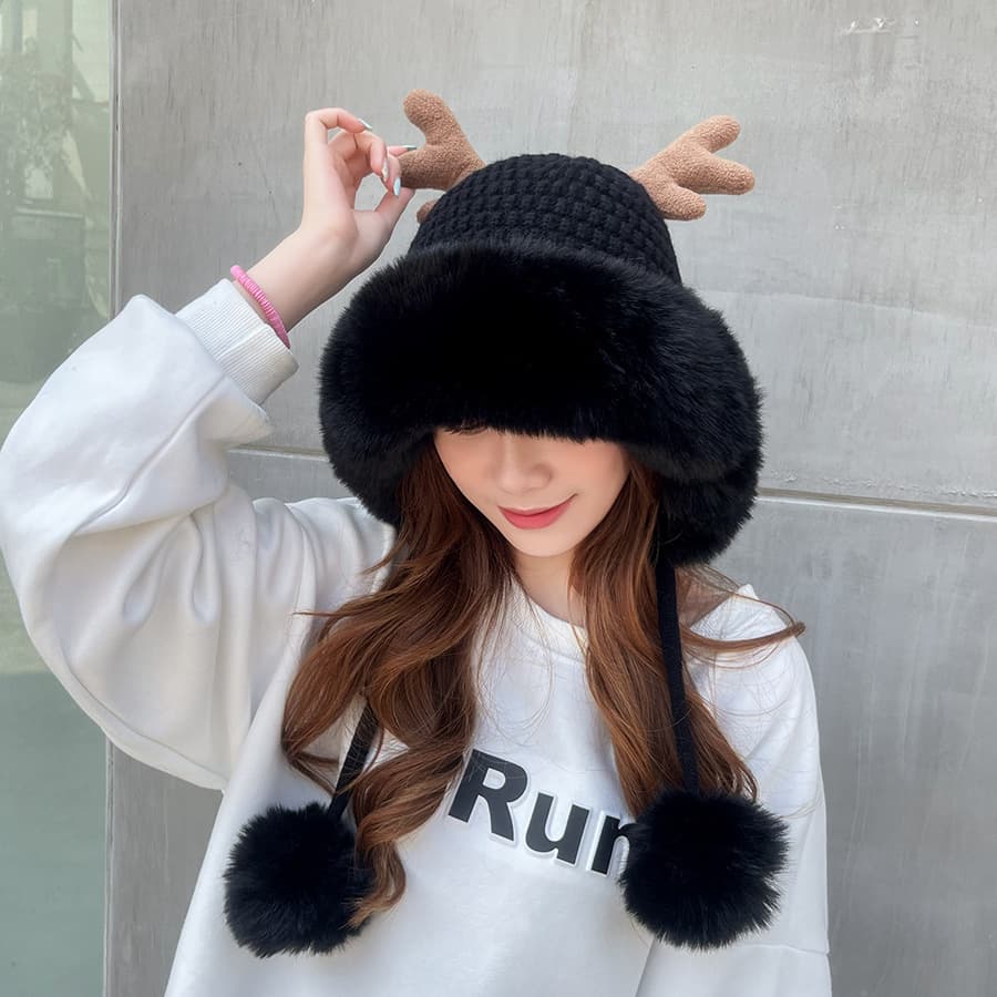 Women winter cover ear antler knit hat thumbnail 7