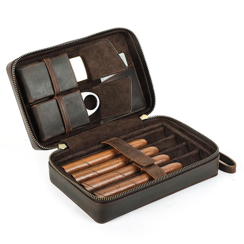 5-cigar Portable Genuine Leather Cigar Case