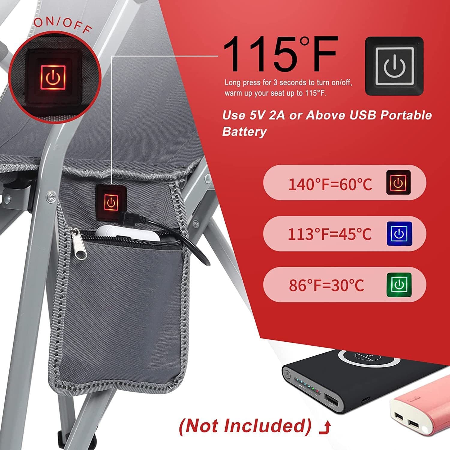USB Heated Portable Folding Camping Lawn Chairs with Armrest thumbnail 2