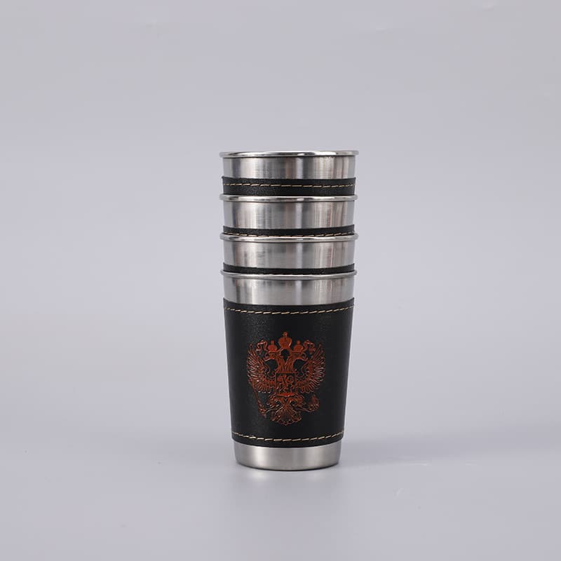 5.7oz Portable Stainless Steel Cups Set With Leather Cover