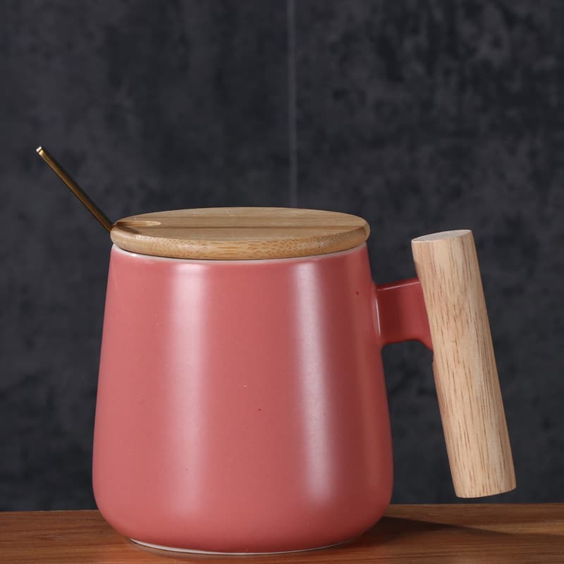 12oz. Ceramic Wooden Handle Tea cup Lid Spoon Coffee Mug thumbnail 4