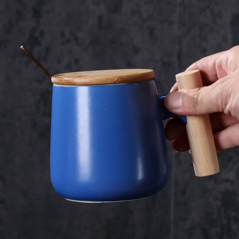 12oz. Ceramic Wooden Handle Tea cup Lid Spoon Coffee Mug thumbnail 7