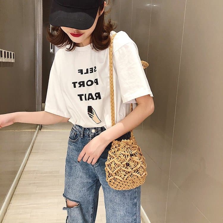 Cotton Linen String Drawstring Crossbody Beach Woven Bag