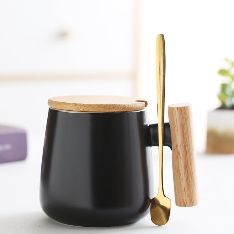 12oz. Ceramic Wooden Handle Tea cup Lid Spoon Coffee Mug thumbnail 3