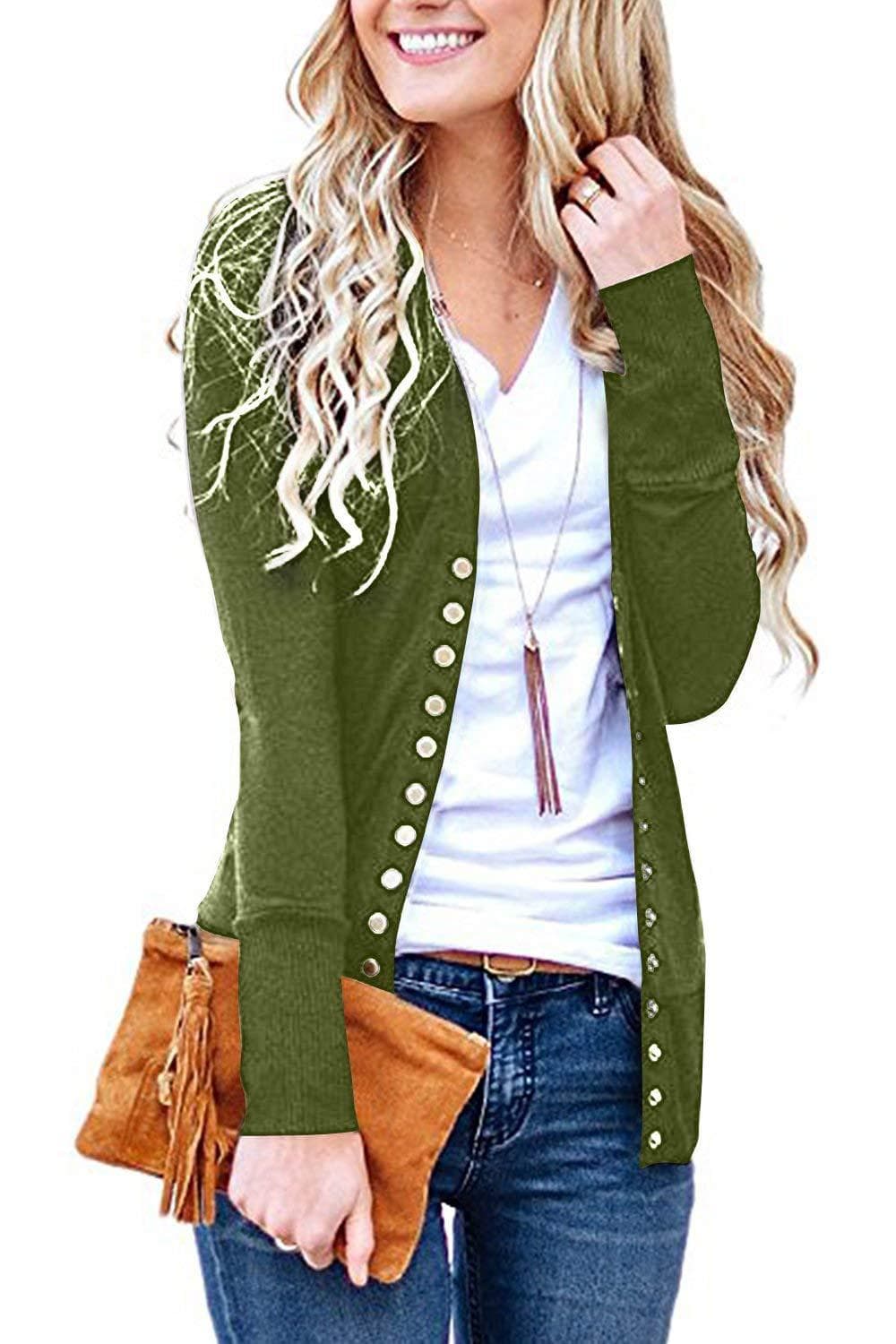 Women's Long Sleeve Snap Button Down Knit Neckline Cardigans thumbnail 7