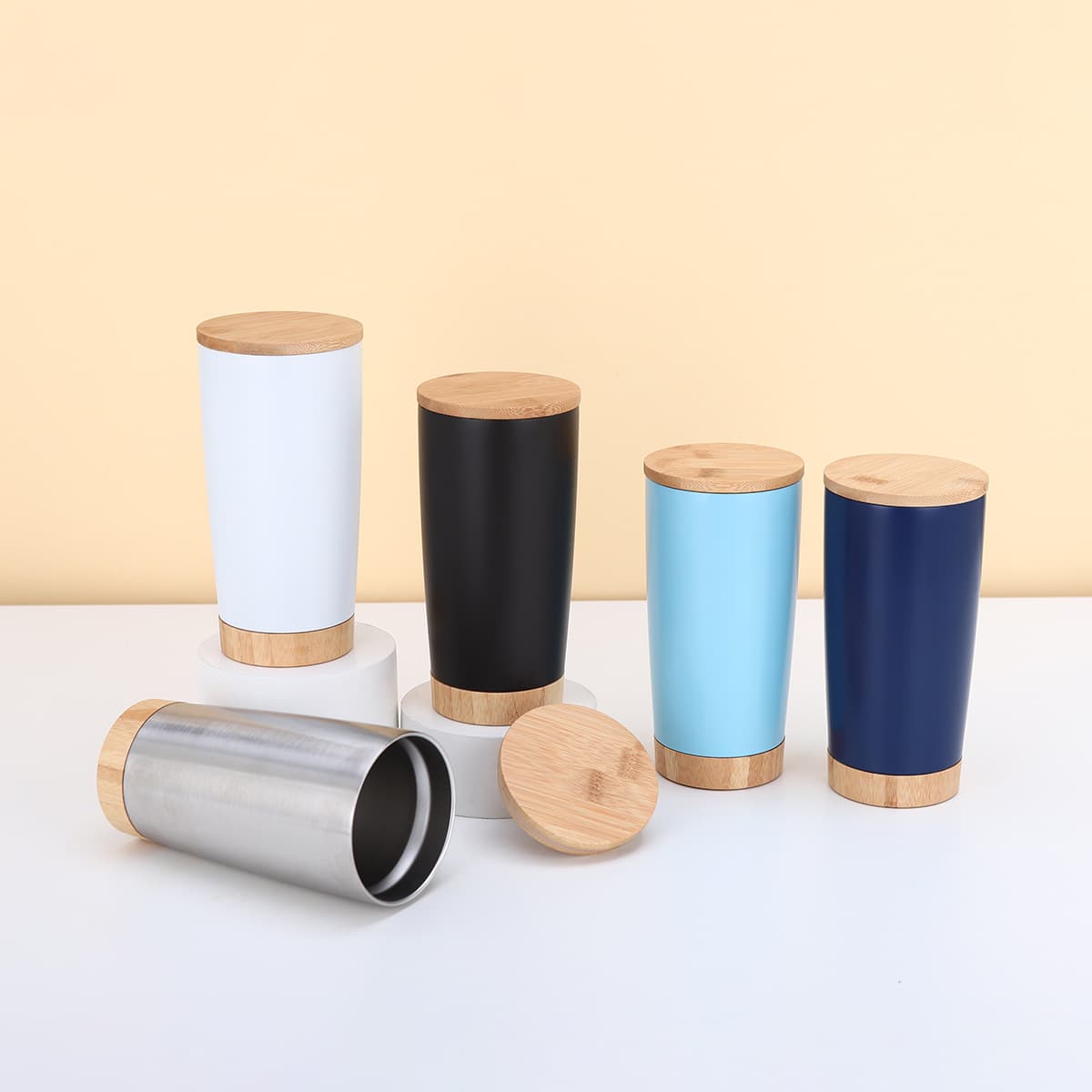 20 Oz Double Wall Thermal Cup With Bamboo Wooden Lid Base thumbnail 2
