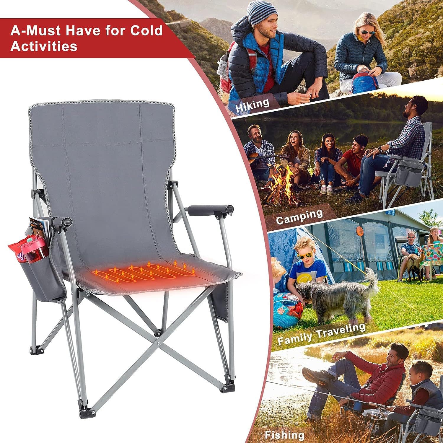 USB Heated Portable Folding Camping Lawn Chairs with Armrest thumbnail 4