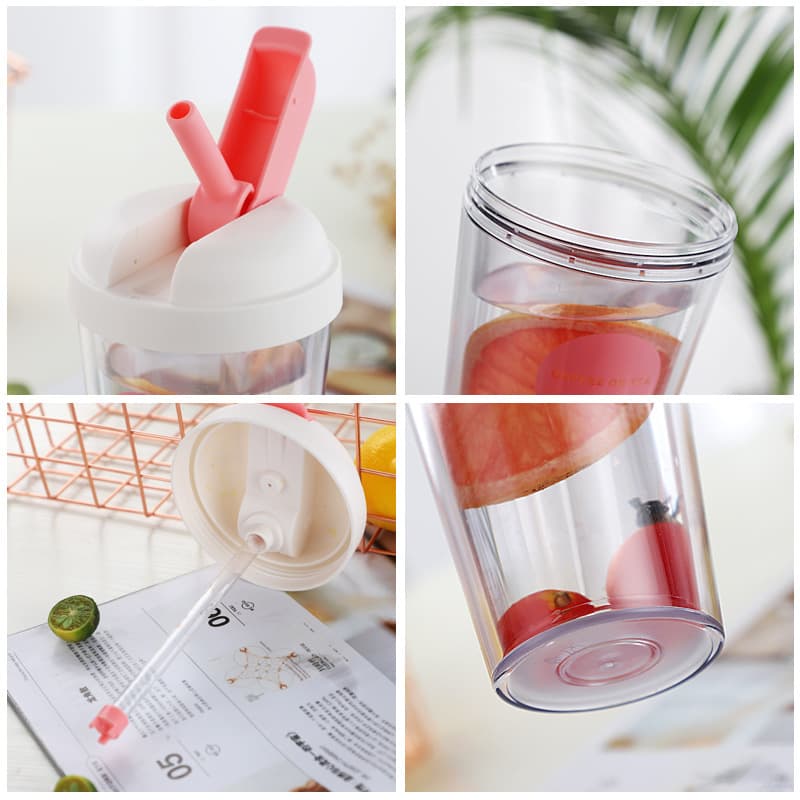 15Oz Reusable Double Plastic Flip Tumbler Cup With Straw