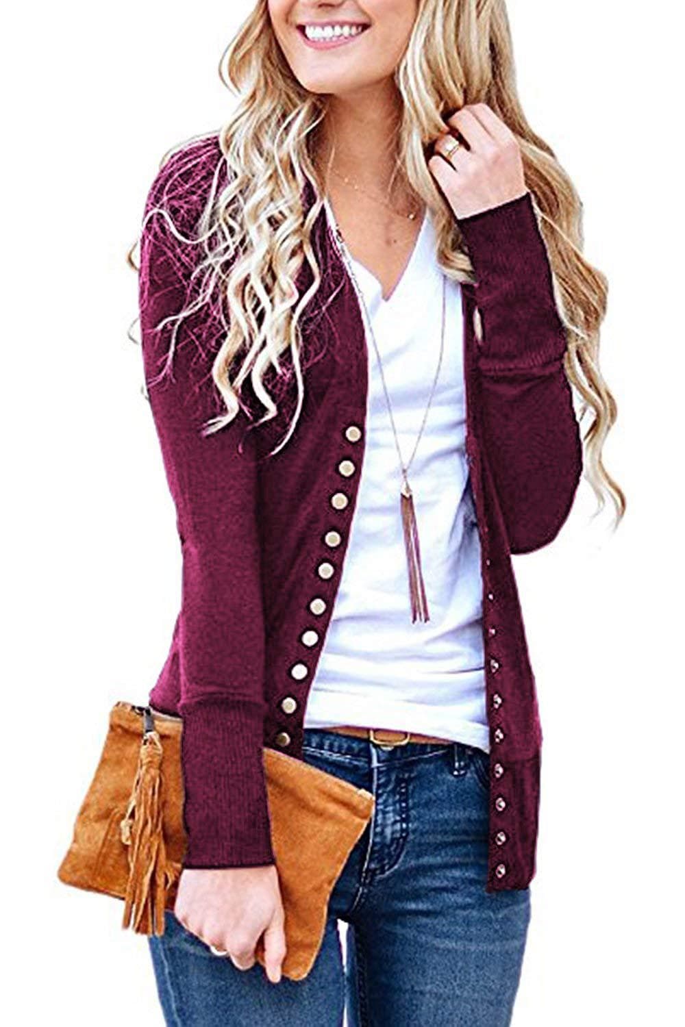 Women's Long Sleeve Snap Button Down Knit Neckline Cardigans thumbnail 2