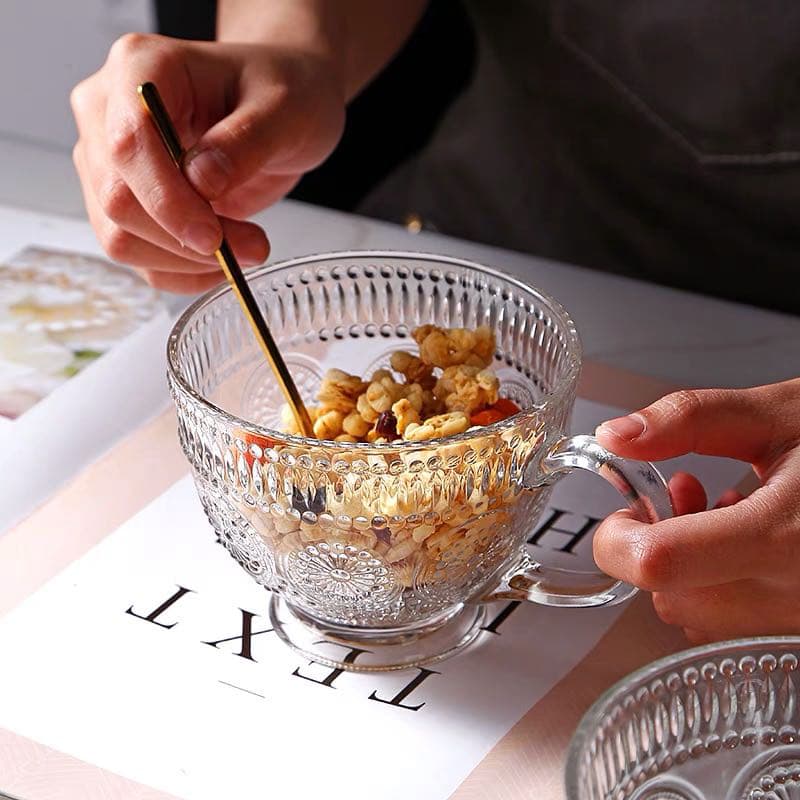 Glass Coffee Mugs Vintage Latte Clear Embossed Tea Cups