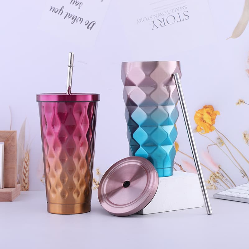 17 oz Stainless Steel Diamond Vacuum Cup with Lid Straw thumbnail 10