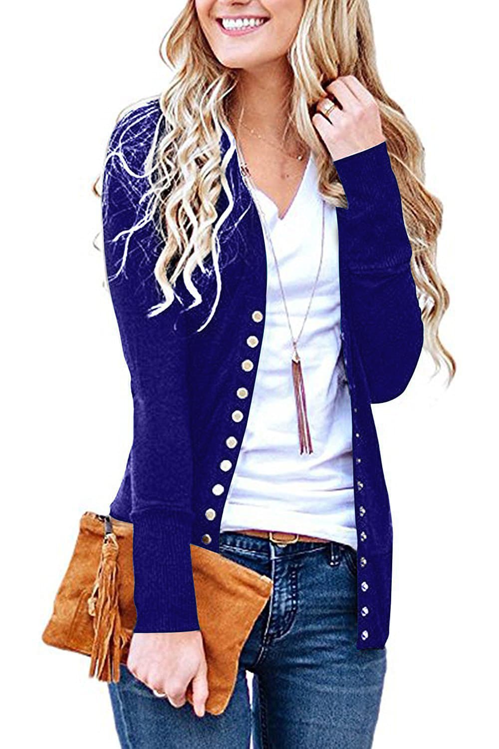 Women's Long Sleeve Snap Button Down Knit Neckline Cardigans thumbnail 8