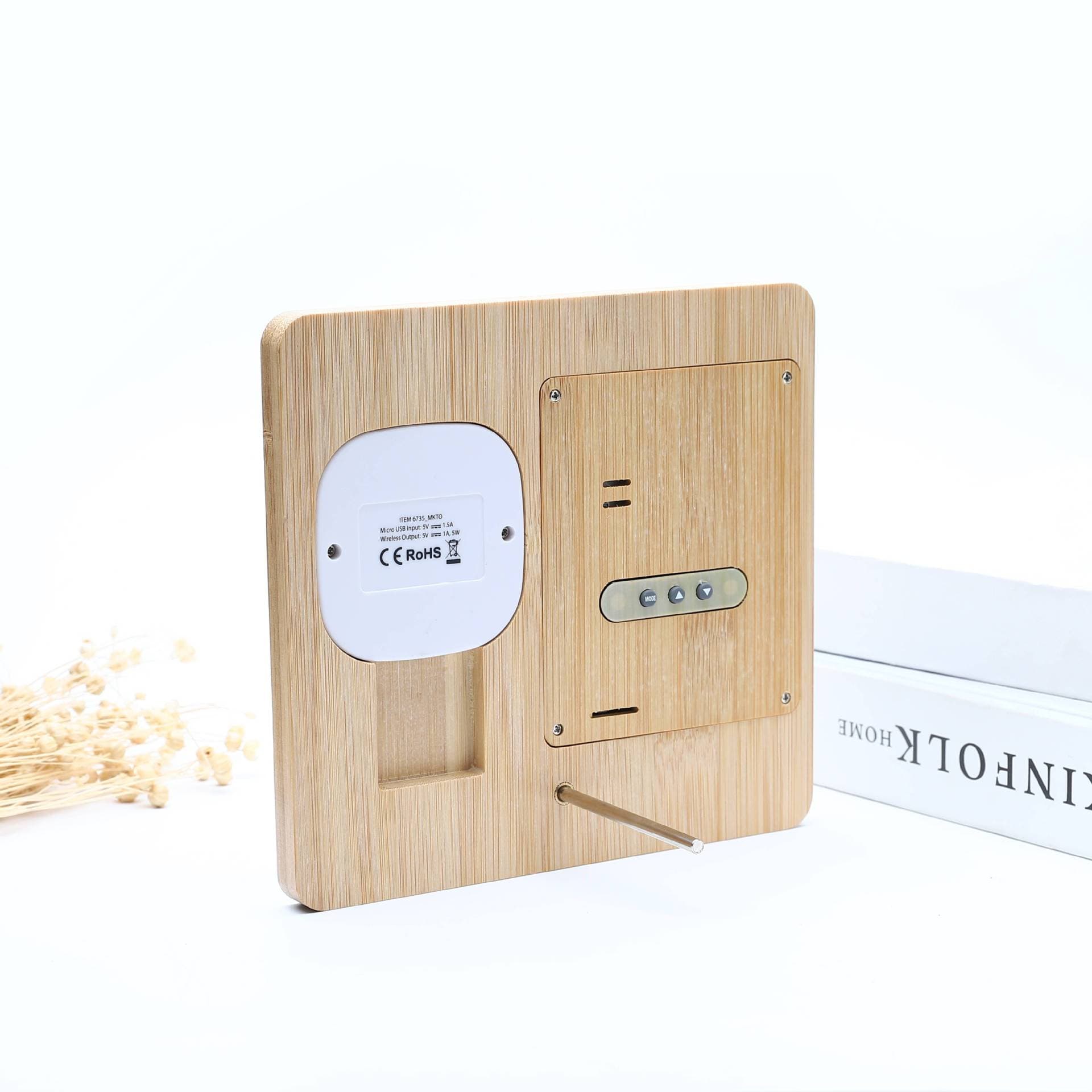 Wireless Charging Weather Temperature Humidity Bamboo Clock thumbnail 2