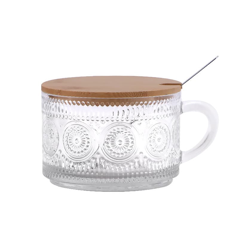 14oz Embossed Glass Iced Coffee Mugs Cups with Lids