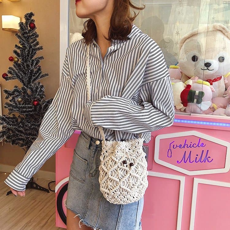 Cotton Linen String Drawstring Crossbody Beach Woven Bag thumbnail 4