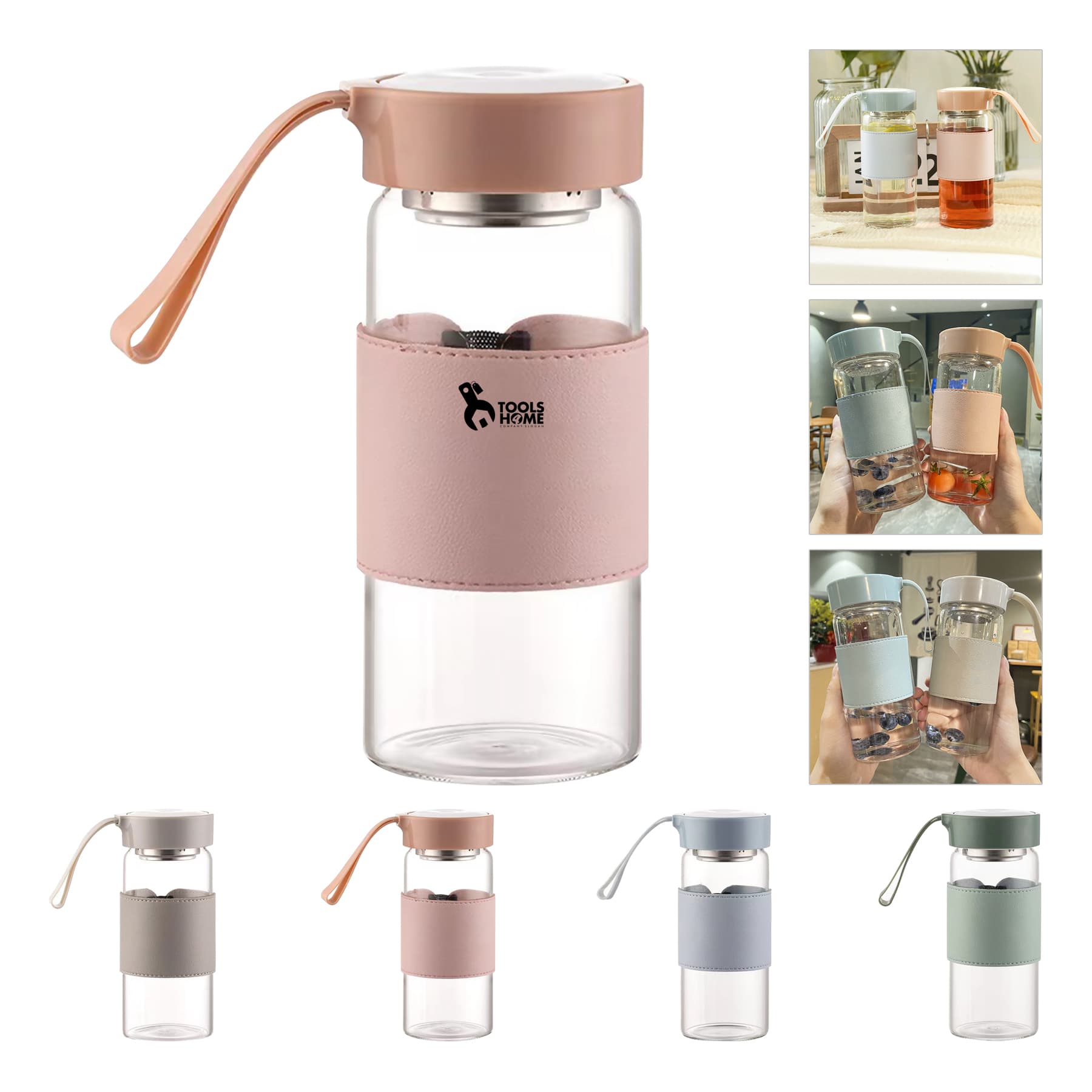 16oz Leather Sleeve Glass Water Bottle