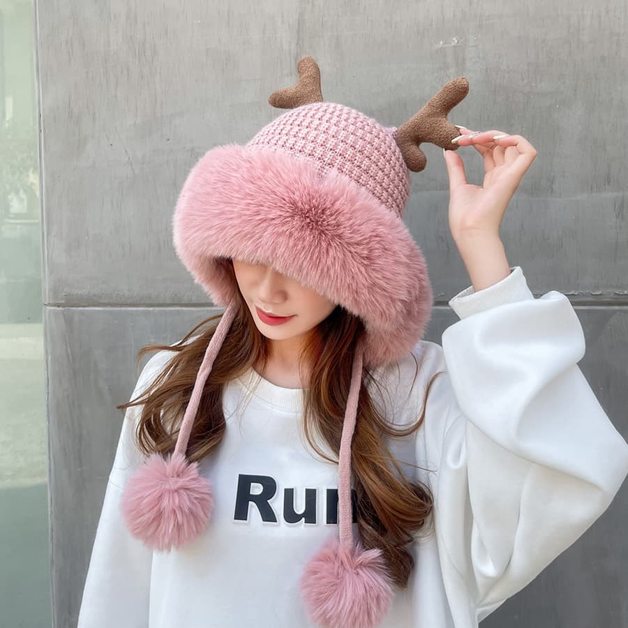Women winter cover ear antler knit hat