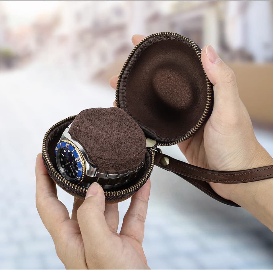 Genuine Leather Round portable watch storage bag thumbnail 4