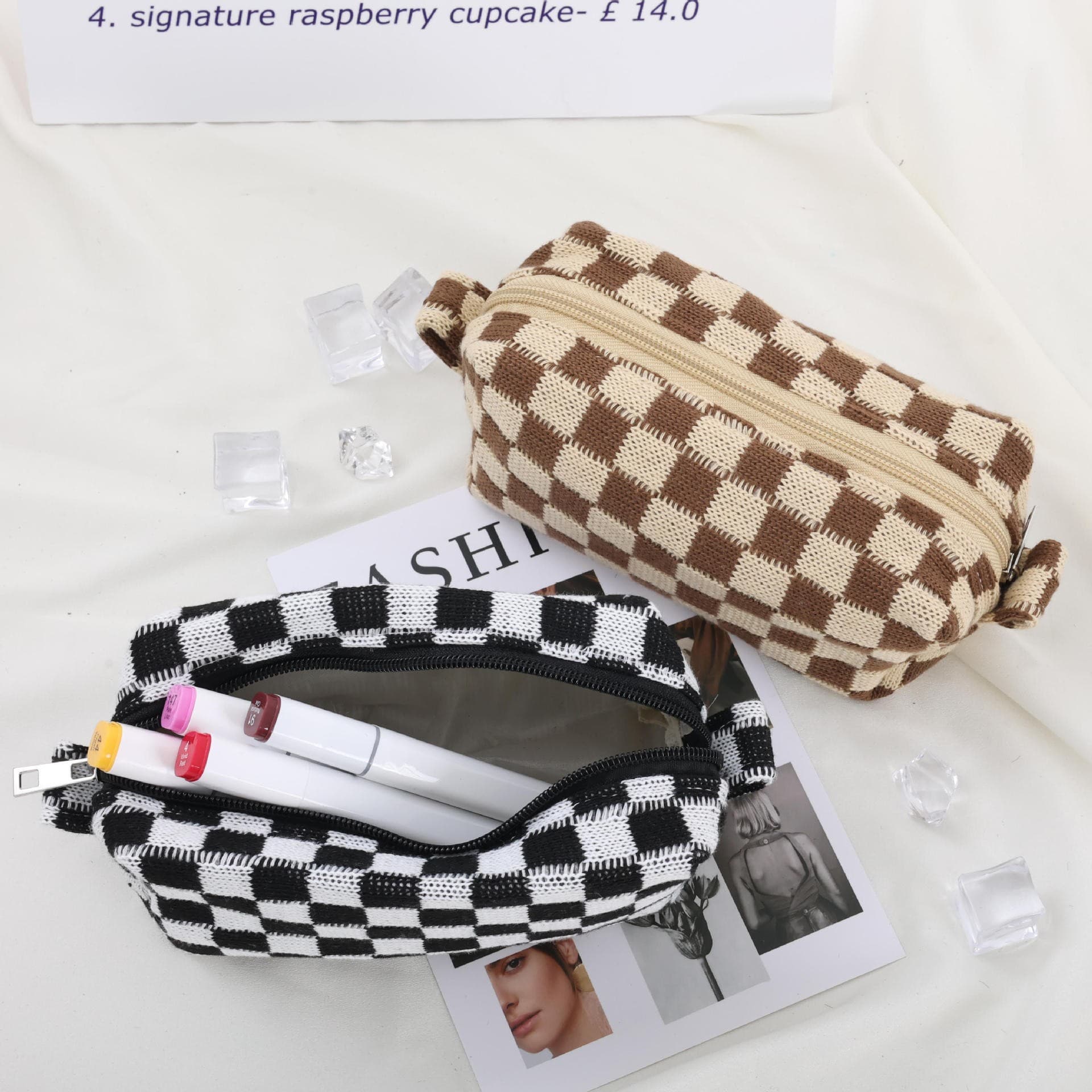 Wool Large Checkered Cosmetic Storage Bag with High Capacity thumbnail 9