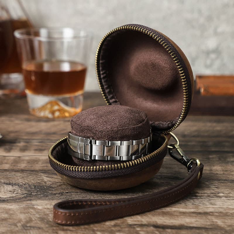 Genuine Leather Round portable watch storage bag