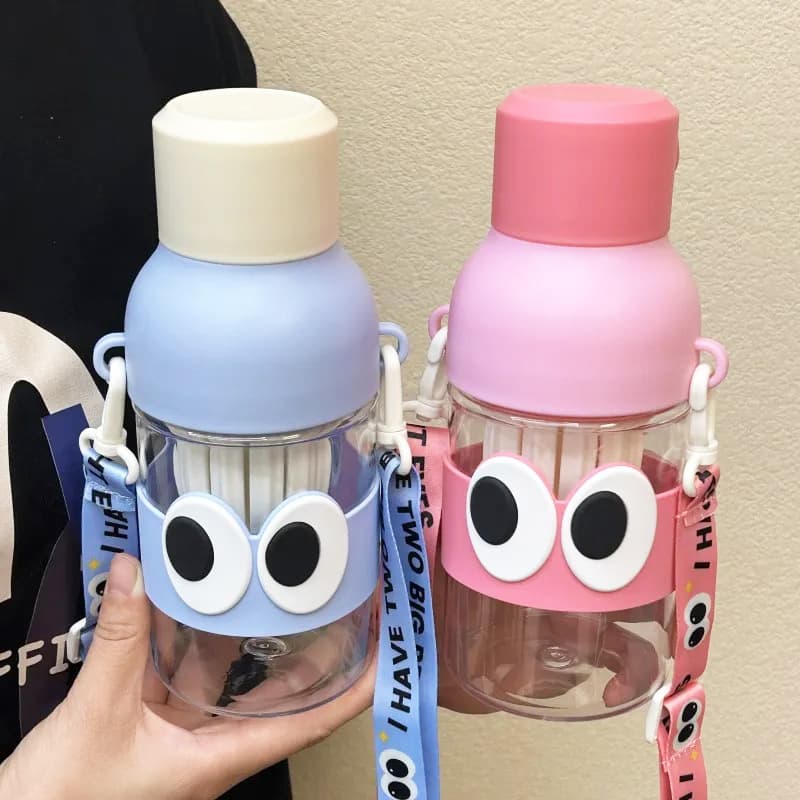 24 oz Cartoon Big Eyes Glass Water Bottle with Straw thumbnail 2
