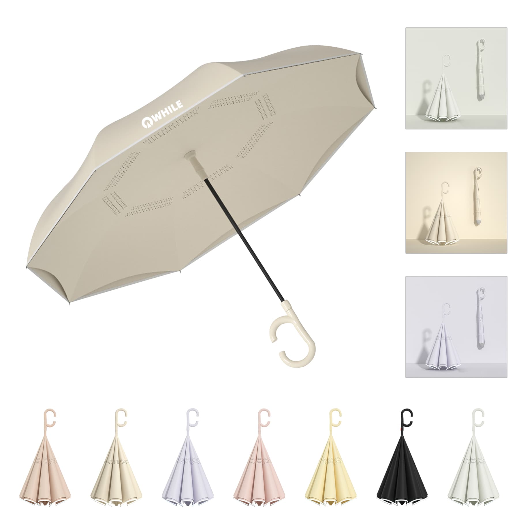 Inverted Umbrella with Reflective Stripe & C-Shaped Handle