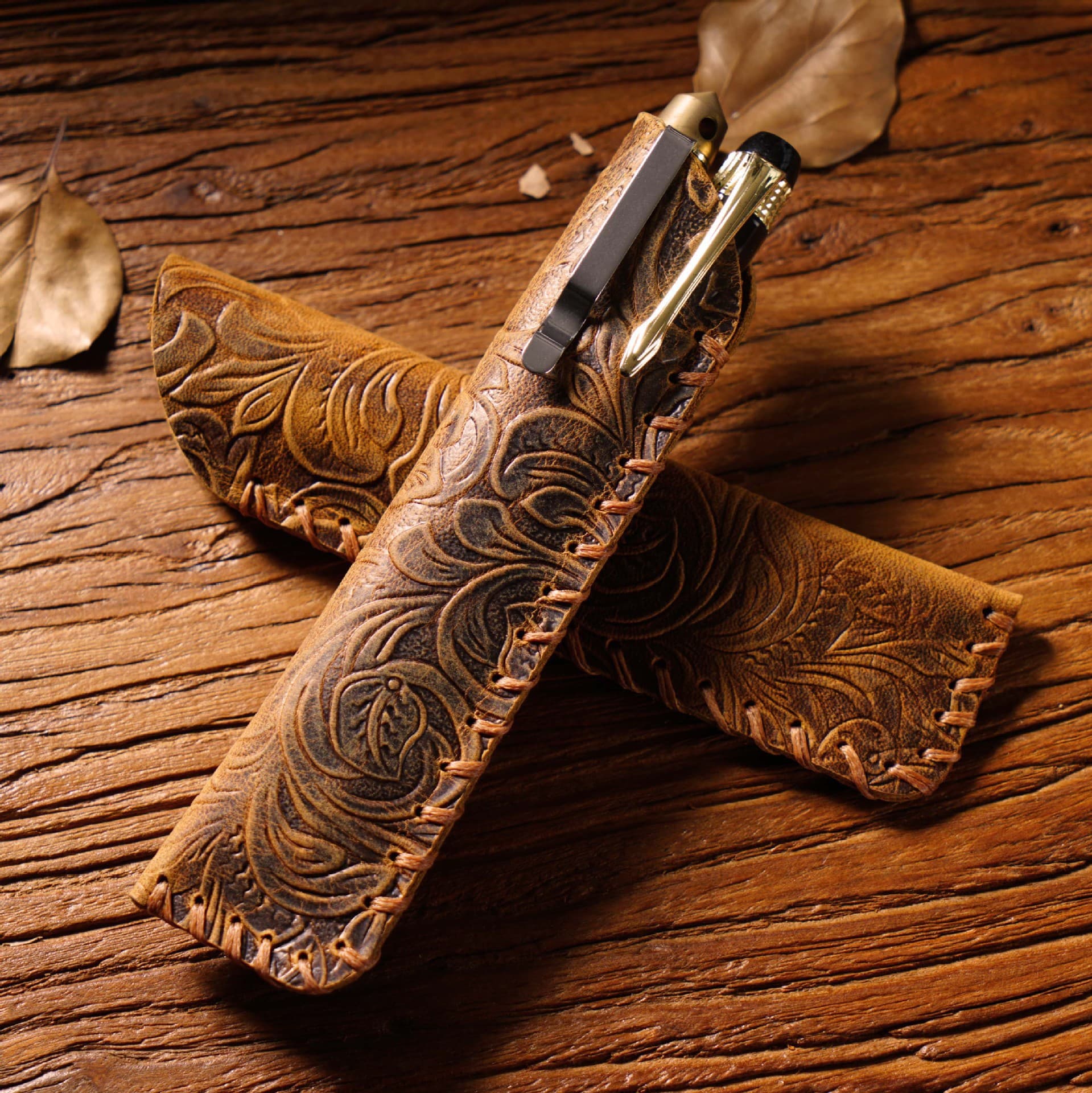 Vintage Carved Cowhide Leather Pen case/Sleeve