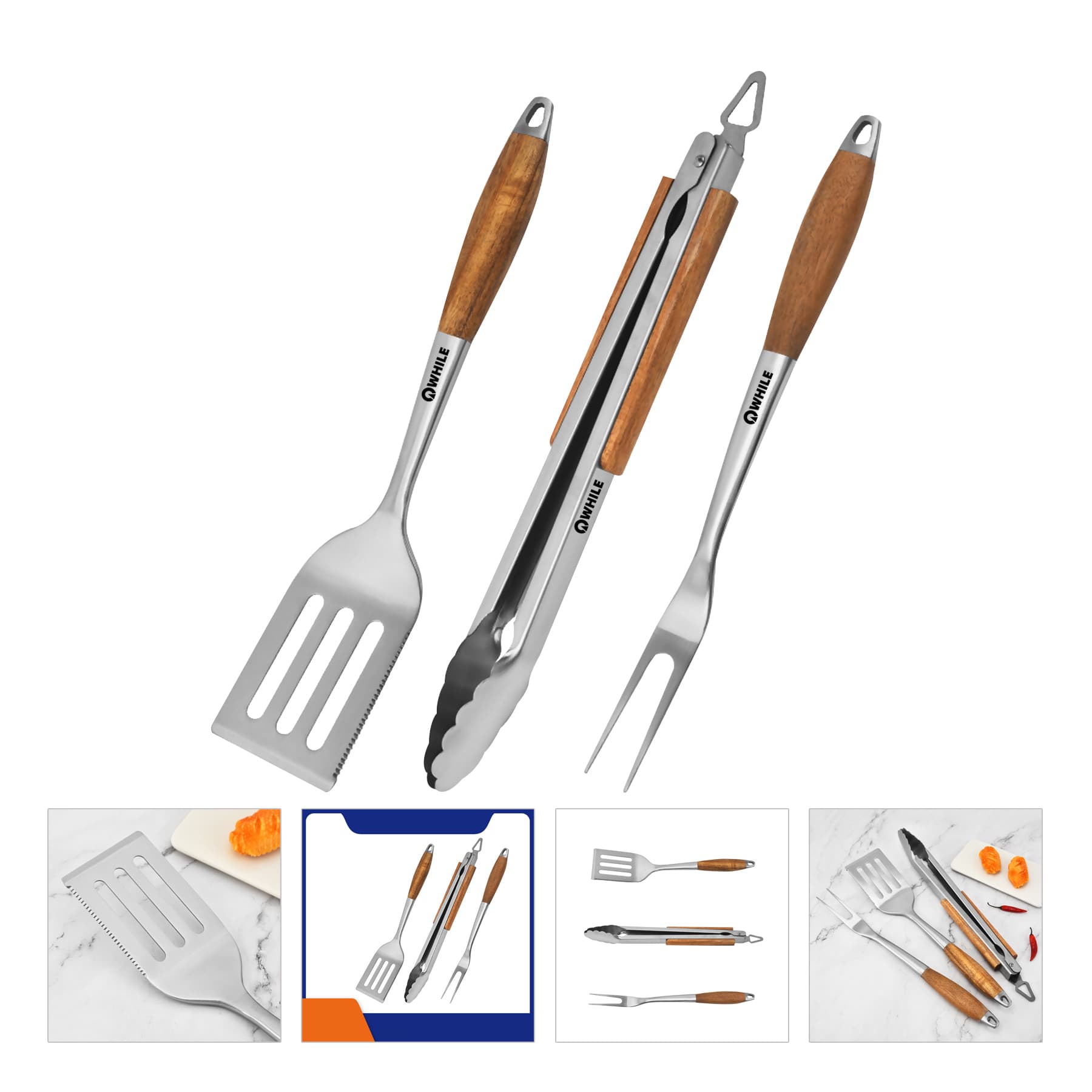 3-Piece BBQ Grilling Tool Set Stainless Steel Tongs Spatula