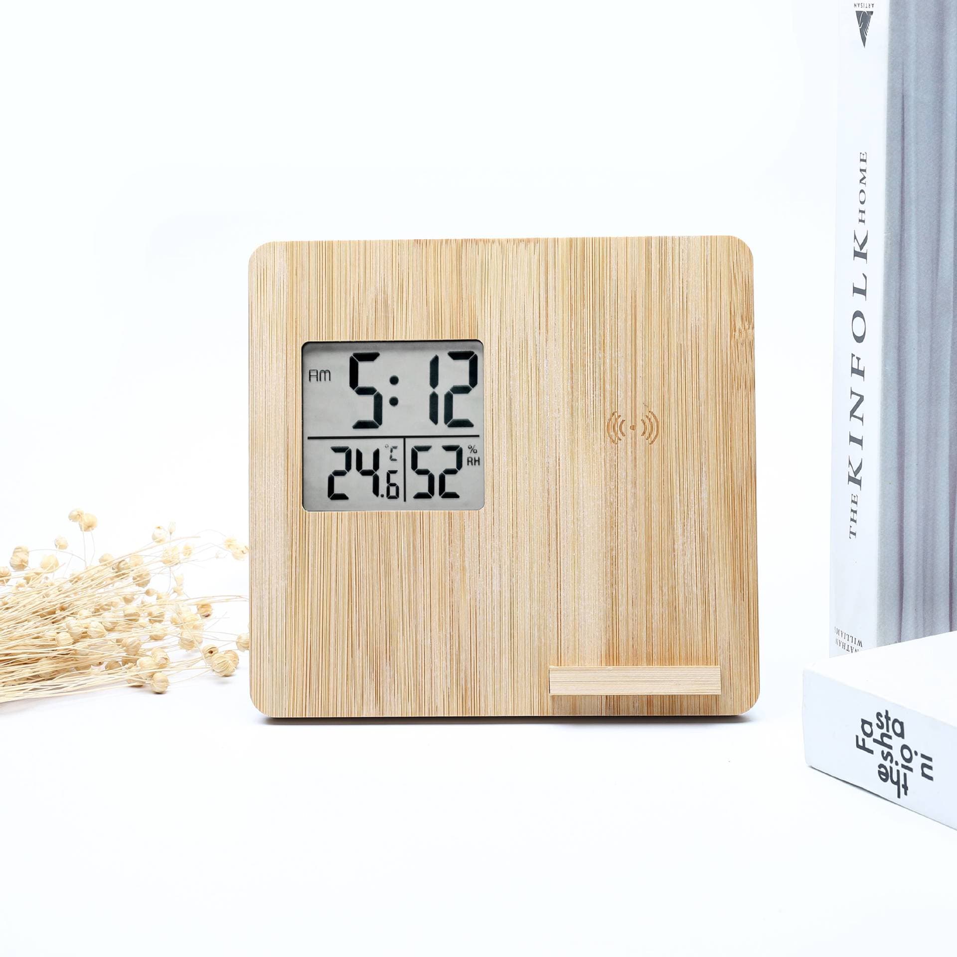 Wireless Charging Weather Temperature Humidity Bamboo Clock thumbnail 4