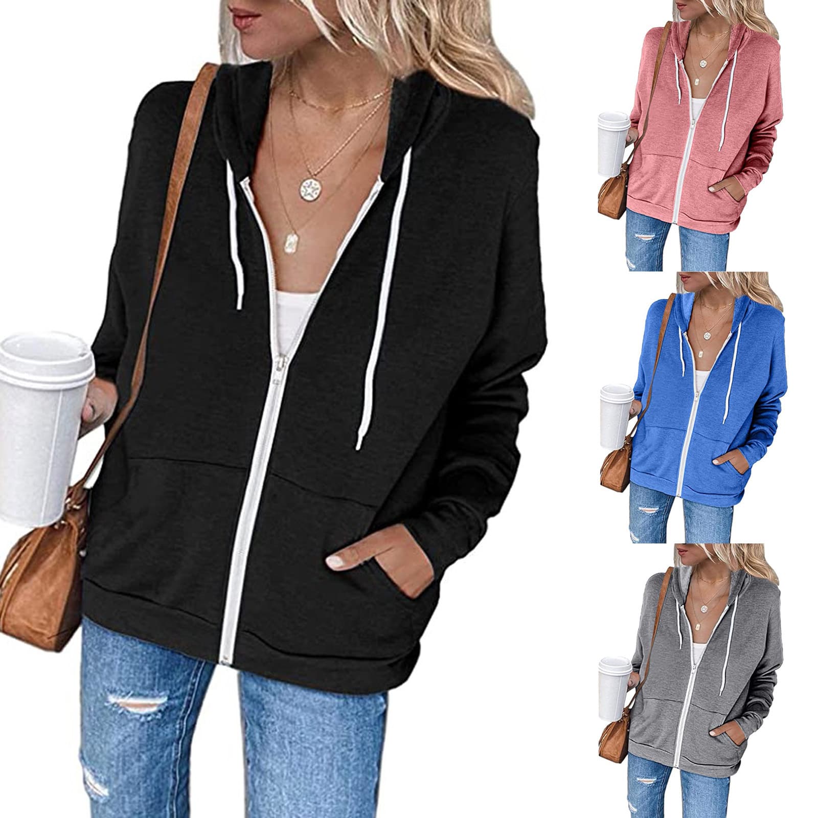 Women’S Color Block Zip Up Hoodie Sweatshirt/Long Sleeve thumbnail 7