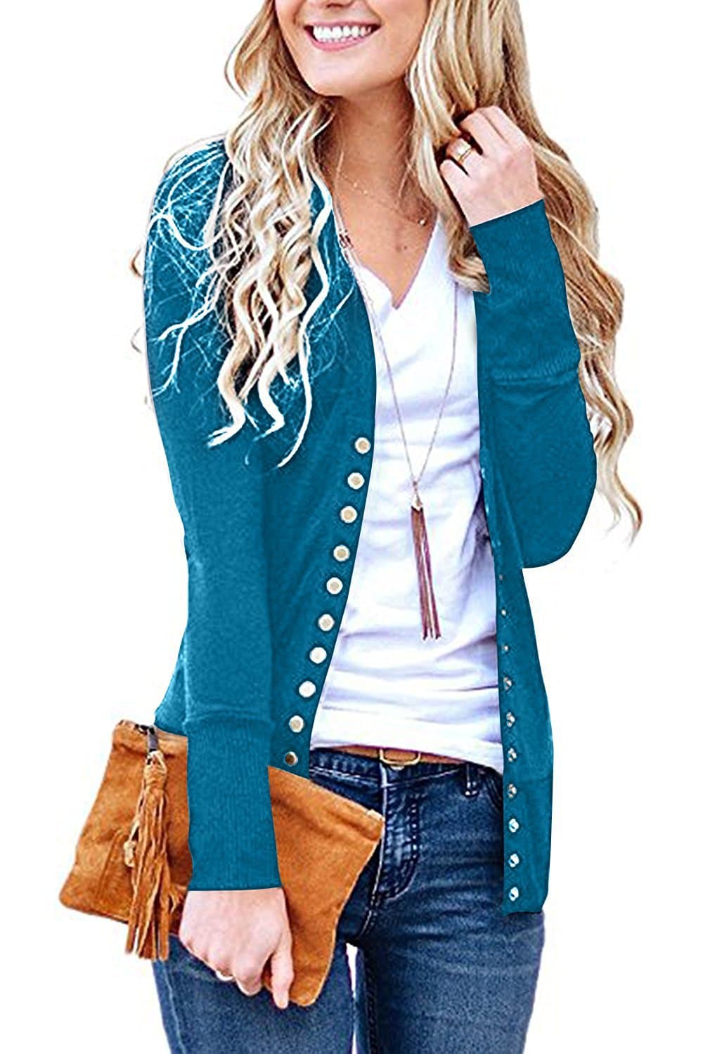 Women's Long Sleeve Snap Button Down Knit Neckline Cardigans thumbnail 3