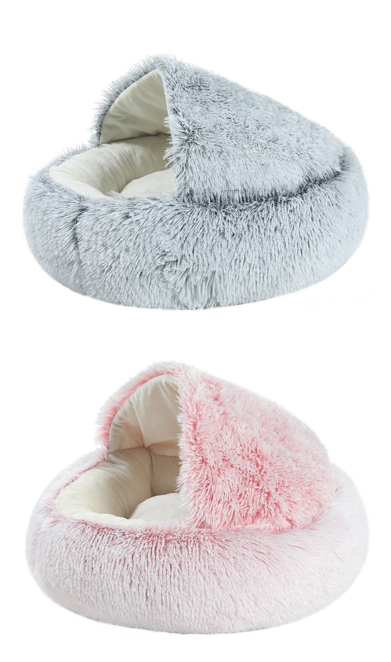 Round Soft Plush Burrowing Cave Hooded Pet Bed