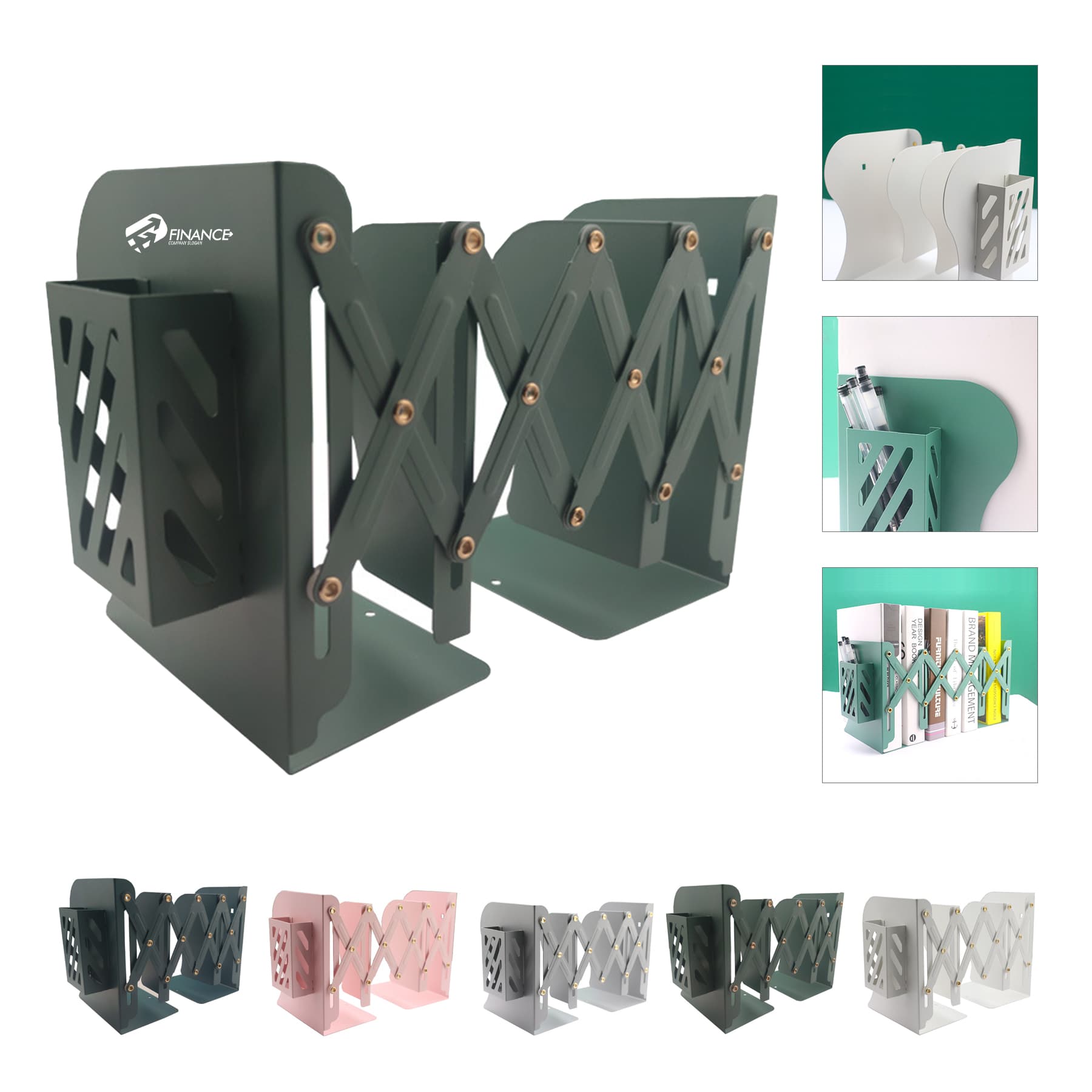 Desktop Adjustable Metal Bookends with Pen Holder 