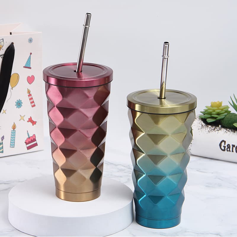 17 oz Stainless Steel Diamond Vacuum Cup with Lid Straw thumbnail 5