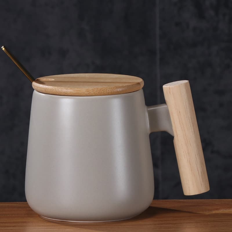 12oz. Ceramic Wooden Handle Tea cup Lid Spoon Coffee Mug thumbnail 6