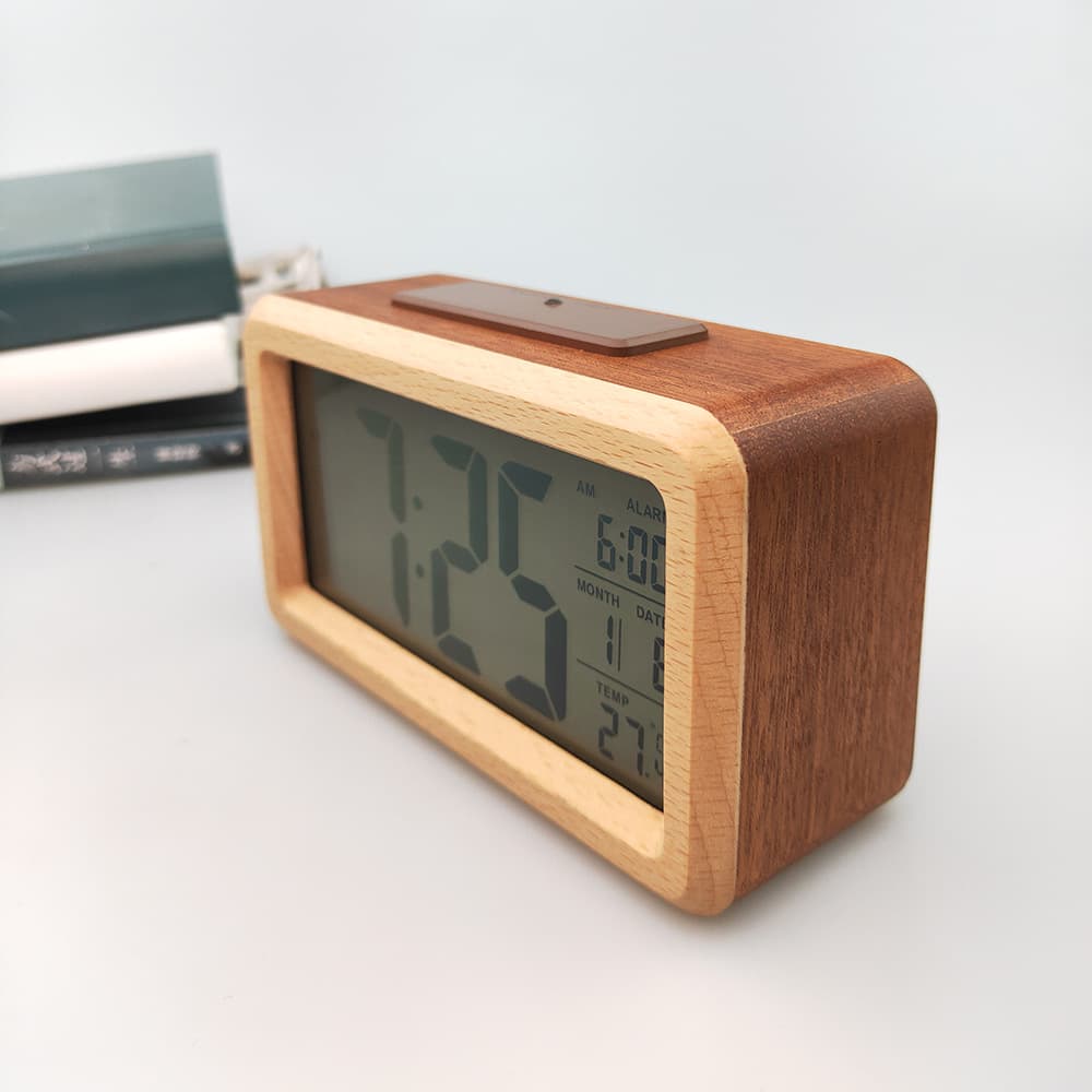 Bamboo Wooden LCD Alarm Digital Clock With Night Light Temp thumbnail 2