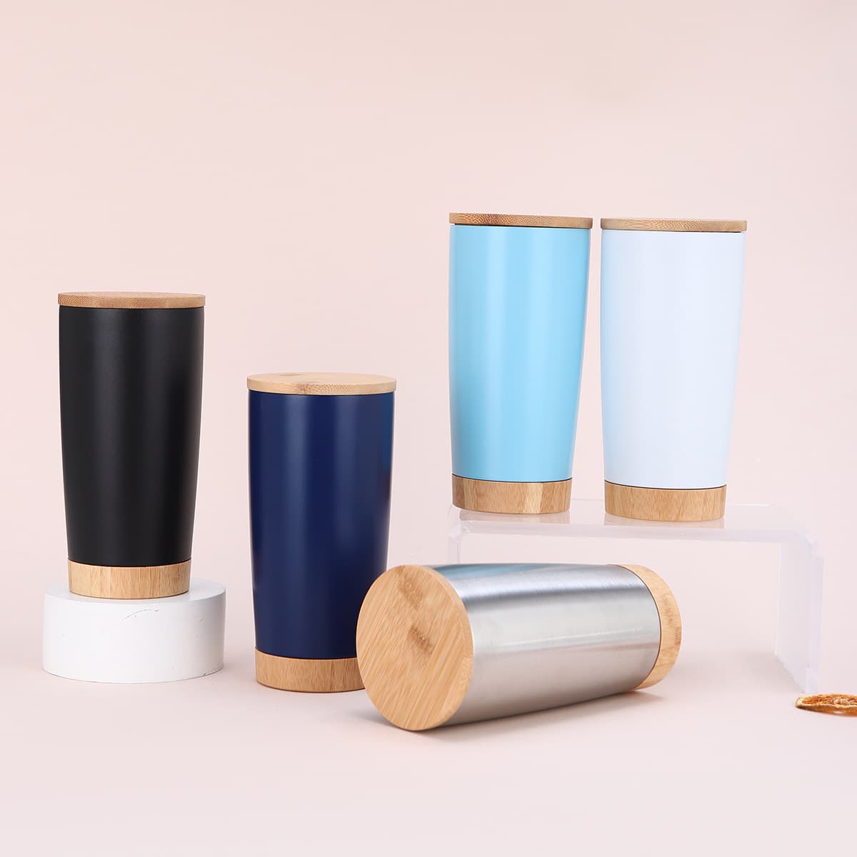 20 Oz Double Wall Thermal Cup With Bamboo Wooden Lid Base thumbnail 6
