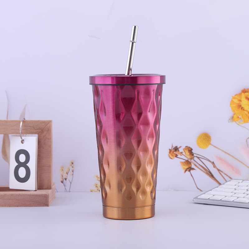 17 oz Stainless Steel Diamond Vacuum Cup with Lid Straw thumbnail 2