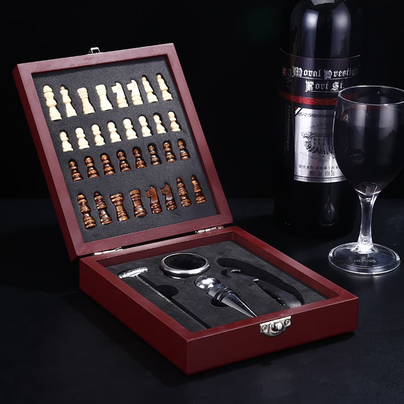 Black Wooden Box Wine Accessories With Chess Set thumbnail 3