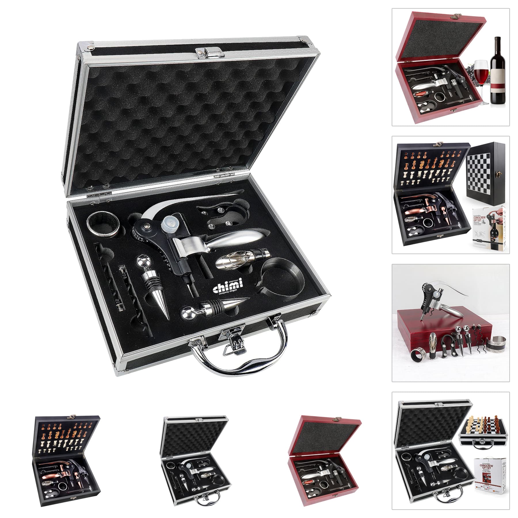 Black Wooden Box Wine Accessories With Chess Set