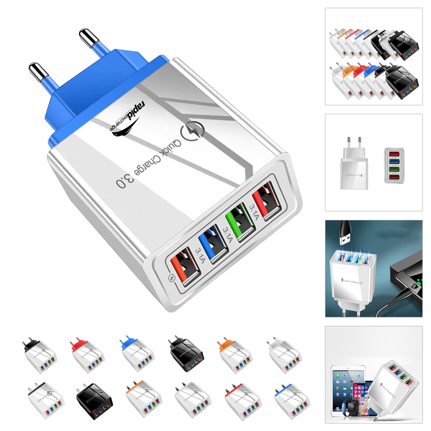 Portable 4 Port Fast Charge QC 3.0 US Plug USB Wall Charger