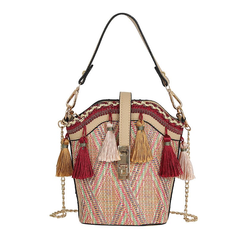 Jute Straw Cylindrical Shell Bucket Tote Crossbody Bag thumbnail 4