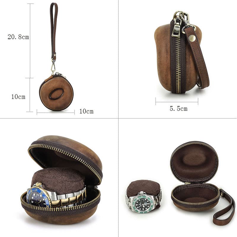 Genuine Leather Round portable watch storage bag thumbnail 5