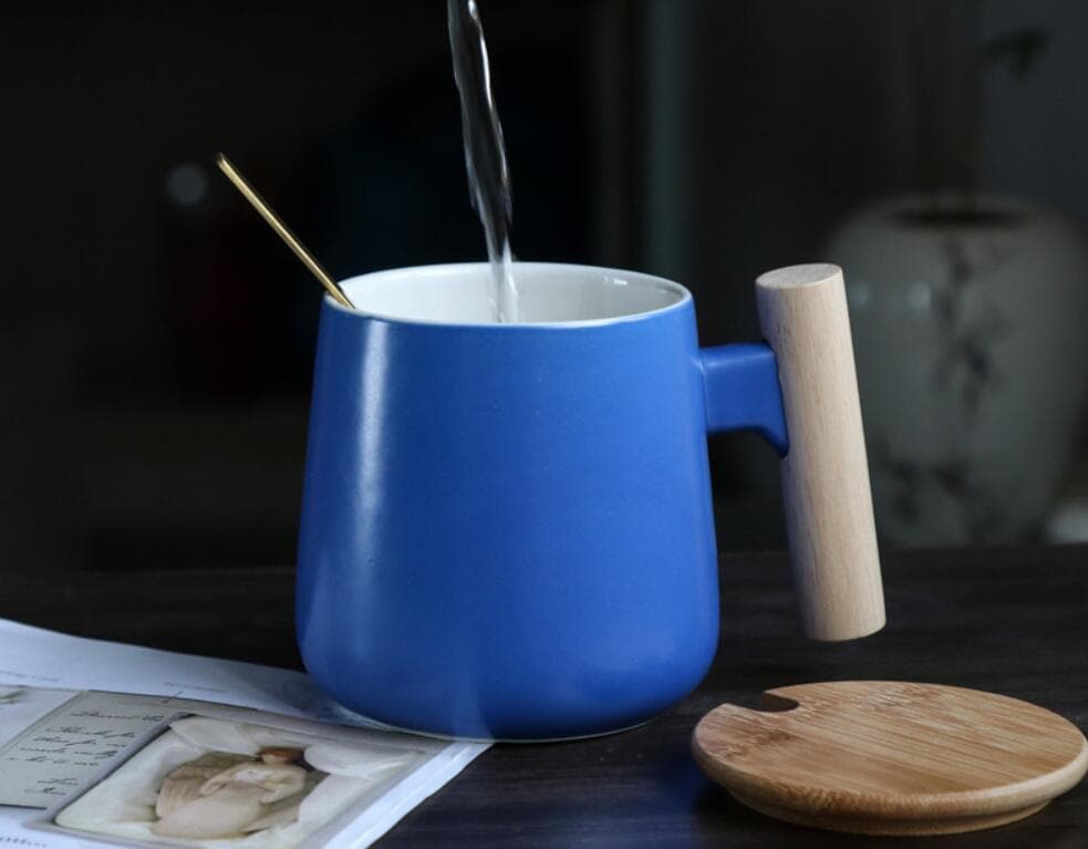 12oz. Ceramic Wooden Handle Tea cup Lid Spoon Coffee Mug thumbnail 2